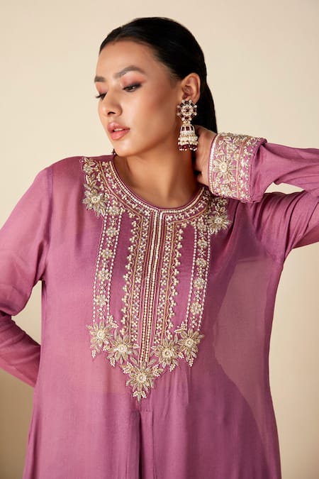Shop_Suruchi Parakh_Purple Silk, Georgette Pearls, Sequins, Embroidery Round Kaftan Kurta Pant Set _Online_at_Aza_Fashions