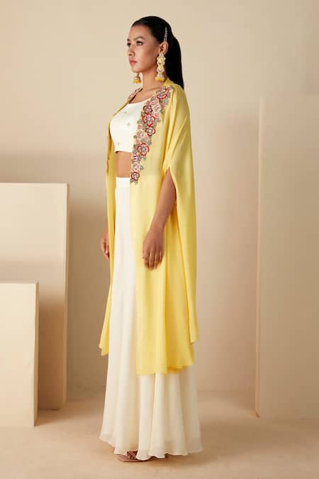 Suruchi Parakh_White Organza, Georgette Embroidery Round Thread And Bead Cape Flared Pant Set _Online_at_Aza_Fashions