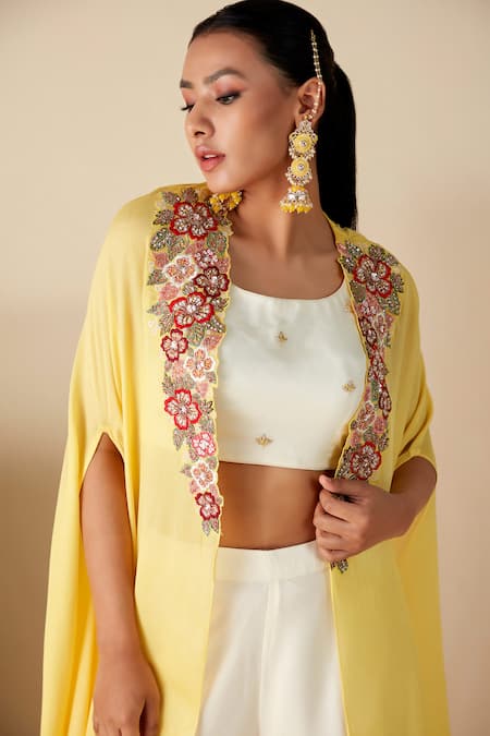 Buy_Suruchi Parakh_White Organza, Georgette Embroidery Round Thread And Bead Cape Flared Pant Set _Online_at_Aza_Fashions