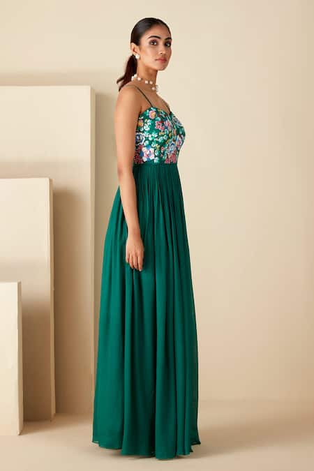 Suruchi Parakh_Green Georgette, Crepe Embroidery Sweetheart Neck Resham Yoke Anarkali _Online_at_Aza_Fashions