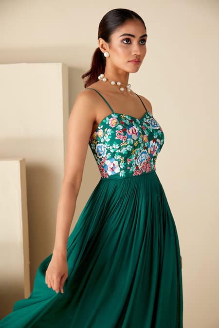 Buy_Suruchi Parakh_Green Georgette, Crepe Embroidery Sweetheart Neck Resham Yoke Anarkali _Online_at_Aza_Fashions