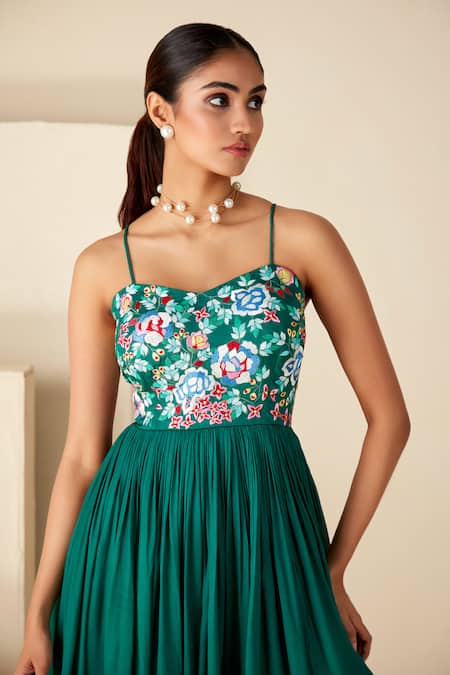 Shop_Suruchi Parakh_Green Georgette, Crepe Embroidery Sweetheart Neck Resham Yoke Anarkali _Online_at_Aza_Fashions