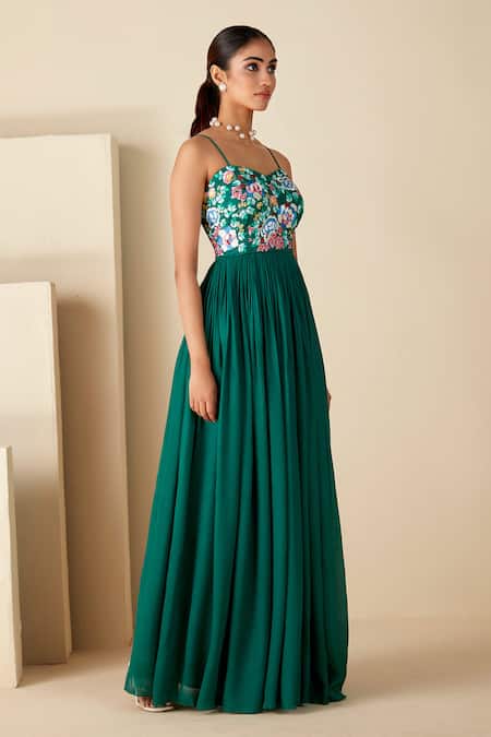 Suruchi Parakh_Green Georgette, Crepe Embroidery Sweetheart Neck Resham Yoke Anarkali _at_Aza_Fashions