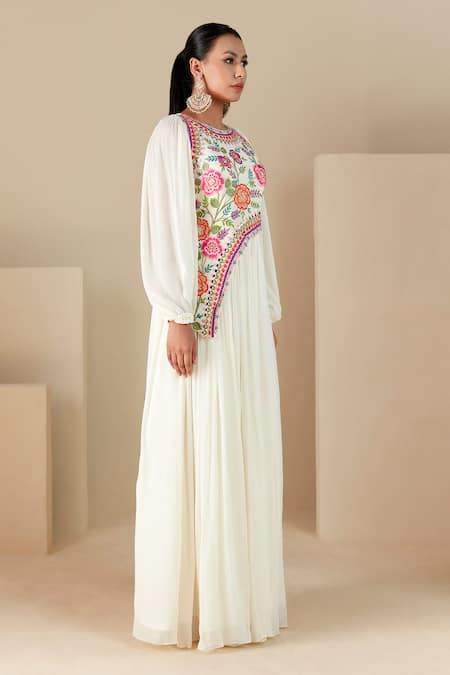 Suruchi Parakh_Off White Georgette, Crepe Embroidery Round Neck Floral Resham Anarkali _Online_at_Aza_Fashions