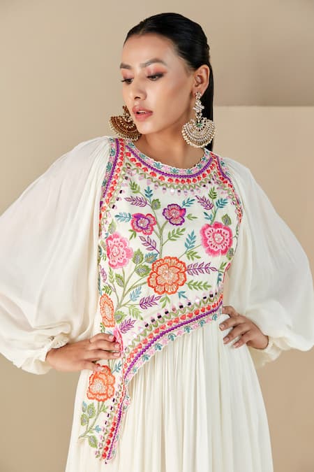 Buy_Suruchi Parakh_Off White Georgette, Crepe Embroidery Round Neck Floral Resham Anarkali _Online_at_Aza_Fashions