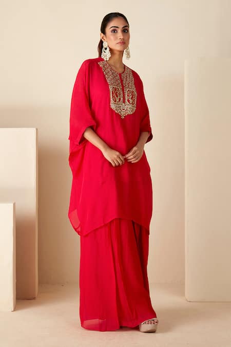 Suruchi Parakh Red Georgette, Crepe Embroidery Round Neck Kaftan Kurta Pant Set Online at Aza Fashions Suruchi Parakh_Red Georgette, Crepe Embroidery Round Neck Kaftan Kurta Pant Set _Online_at_Aza_Fashions