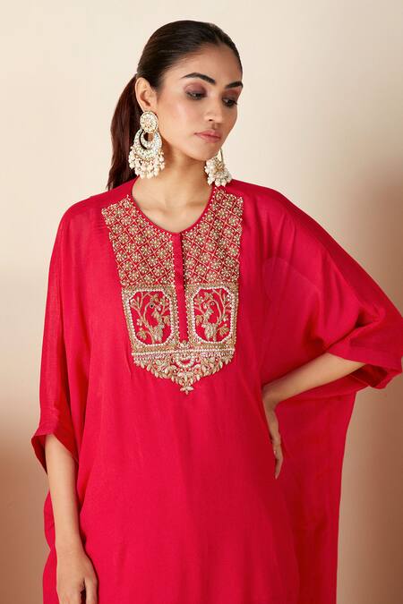 Buy Suruchi Parakh Red Georgette, Crepe Embroidery Round Neck Kaftan Kurta Pant Set Online at Aza Fashions Buy_Suruchi Parakh_Red Georgette, Crepe Embroidery Round Neck Kaftan Kurta Pant Set _Online_at_Aza_Fashions