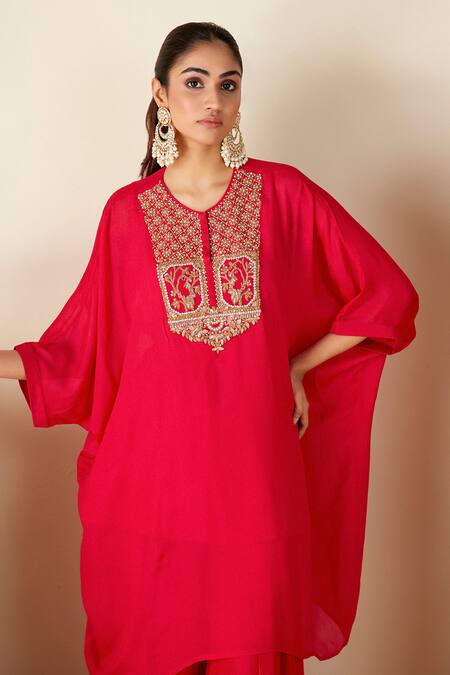Shop Suruchi Parakh Red Georgette, Crepe Embroidery Round Neck Kaftan Kurta Pant Set Online at Aza Fashions Shop_Suruchi Parakh_Red Georgette, Crepe Embroidery Round Neck Kaftan Kurta Pant Set _Online_at_Aza_Fashions