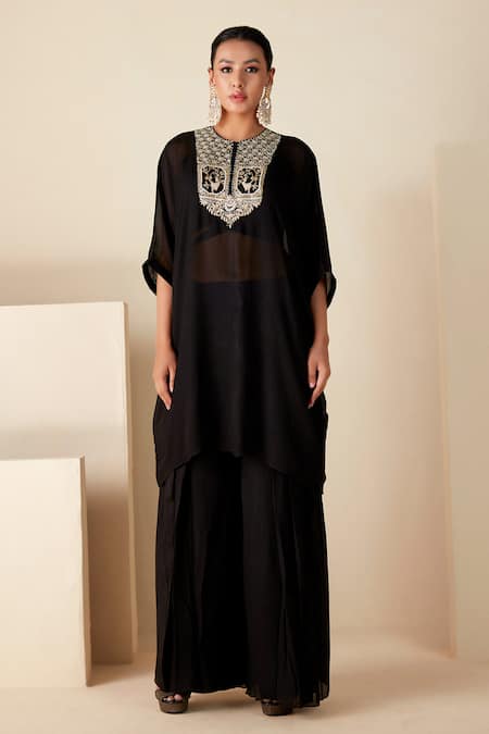 Suruchi Parakh_Black Georgette Embroidery Round Neck Thread Kaftan Kurta Pant Set _Online_at_Aza_Fashions
