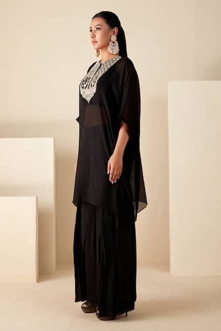 Shop_Suruchi Parakh_Black Georgette Embroidery Round Neck Thread Kaftan Kurta Pant Set _Online_at_Aza_Fashions