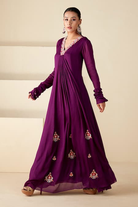 Suruchi Parakh_Purple Georgette Embroidery V-neck Floral Butta Tunic _Online_at_Aza_Fashions