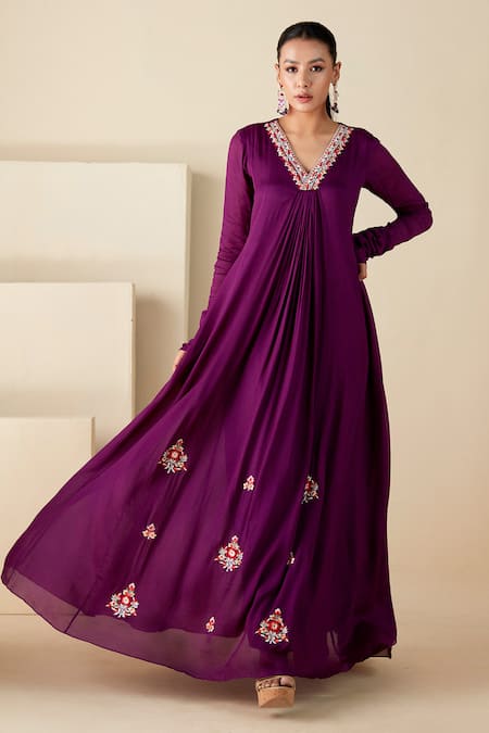 Suruchi Parakh Purple Georgette Crepe Embroidered Thread V Neck Floral Butta Tunic 