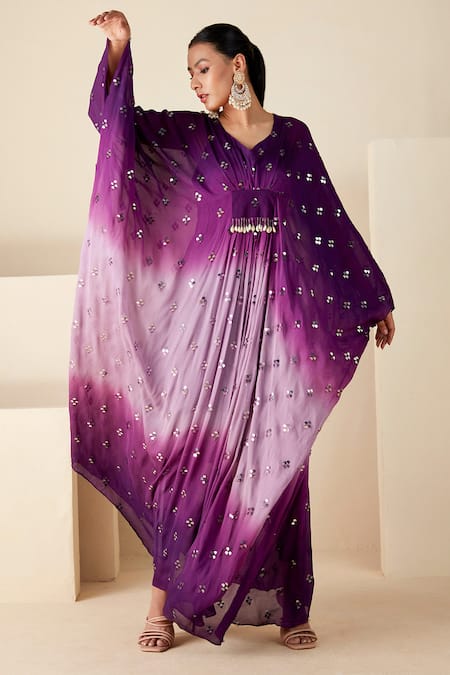 Suruchi Parakh_Purple Chiffon Sequins, Embroidery V-neck Ombre Kaftan _Online_at_Aza_Fashions