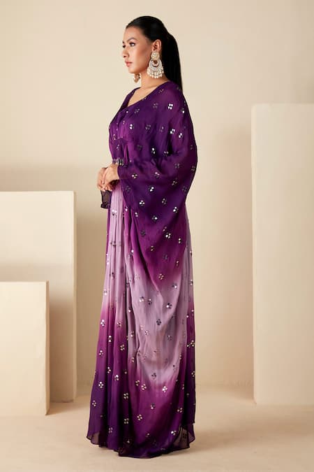 Buy_Suruchi Parakh_Purple Chiffon Sequins, Embroidery V-neck Ombre Kaftan _Online_at_Aza_Fashions