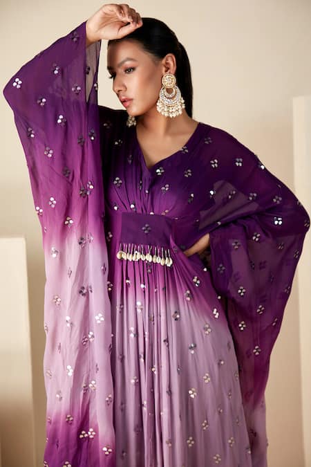 Shop_Suruchi Parakh_Purple Chiffon Sequins, Embroidery V-neck Ombre Kaftan _Online_at_Aza_Fashions