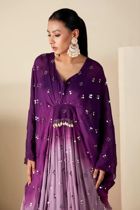Suruchi Parakh_Purple Chiffon Sequins, Embroidery V-neck Ombre Kaftan _at_Aza_Fashions