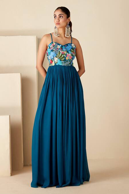 Suruchi Parakh_Blue Georgette, Crepe Embroidery Sweetheart Neck Thread Pleated Flared Anarkali _Online_at_Aza_Fashions