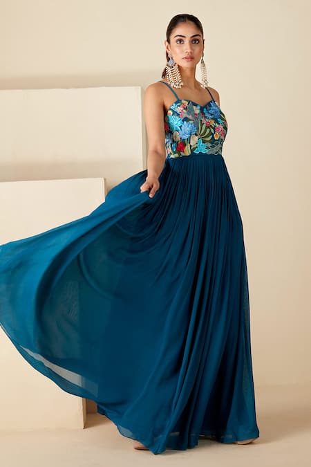 Buy_Suruchi Parakh_Blue Georgette, Crepe Embroidery Sweetheart Neck Thread Pleated Flared Anarkali _Online_at_Aza_Fashions