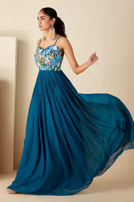 Shop_Suruchi Parakh_Blue Georgette, Crepe Embroidery Sweetheart Neck Thread Pleated Flared Anarkali _Online_at_Aza_Fashions