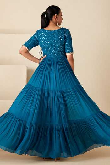Suruchi Parakh_Blue Georgette Mirrors, Tassels V-neck Embroidered Yoke Anarkali _Online_at_Aza_Fashions