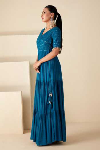 Buy_Suruchi Parakh_Blue Georgette Mirrors, Tassels V-neck Embroidered Yoke Anarkali _Online_at_Aza_Fashions