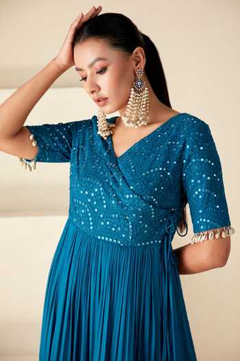 Shop_Suruchi Parakh_Blue Georgette Mirrors, Tassels V-neck Embroidered Yoke Anarkali _Online_at_Aza_Fashions
