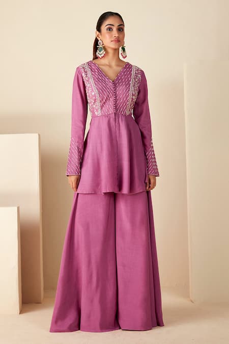 Suruchi Parakh_Purple Crepe, Silk Embroidery V-neck Peplum Top And Flared Pant Set _Online_at_Aza_Fashions
