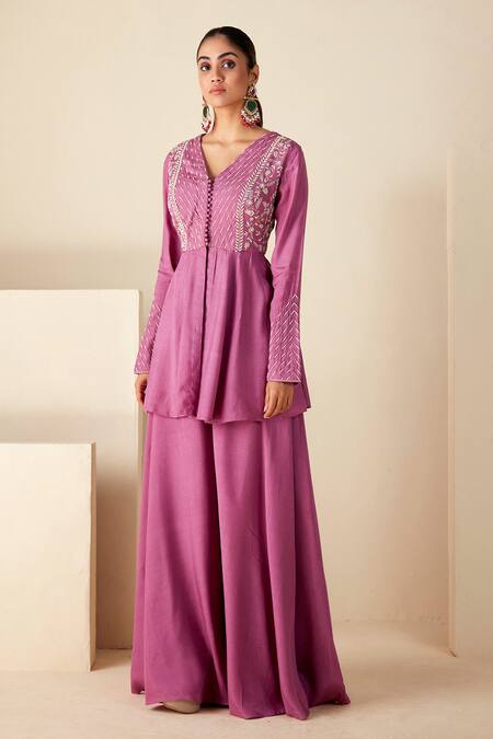 Buy_Suruchi Parakh_Purple Crepe, Silk Embroidery V-neck Peplum Top And Flared Pant Set _Online_at_Aza_Fashions