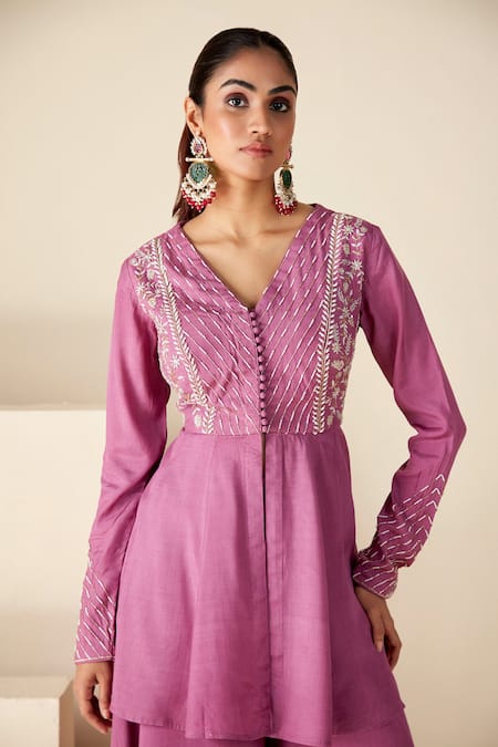 Shop_Suruchi Parakh_Purple Crepe, Silk Embroidery V-neck Peplum Top And Flared Pant Set _Online_at_Aza_Fashions