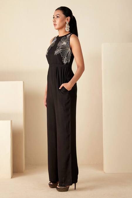 Suruchi Parakh_Black Crepe, Silk Embroidery Round Neck Floral Jumpsuit With Belt _Online_at_Aza_Fashions