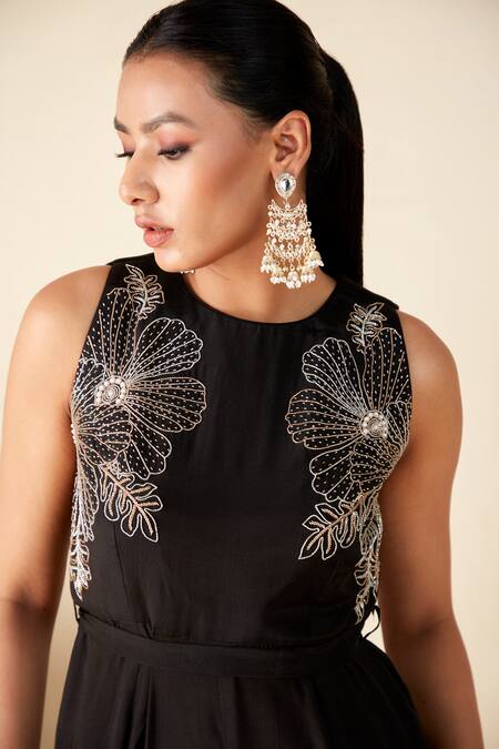 Shop_Suruchi Parakh_Black Crepe, Silk Embroidery Round Neck Floral Jumpsuit With Belt _Online_at_Aza_Fashions