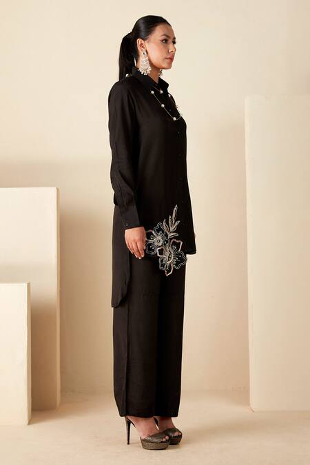 Suruchi Parakh Black Crepe, Silk Embroidery Collared Placement Floral Cutwork Shirt And Pant Set Online at Aza Fashions Suruchi Parakh_Black Crepe, Silk Embroidery Collared Placement Floral Cutwork Shirt And Pant Set _Online_at_Aza_Fashions