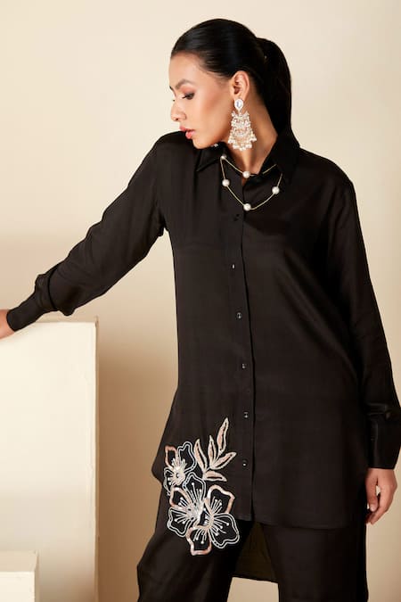Buy Suruchi Parakh Black Crepe, Silk Embroidery Collared Placement Floral Cutwork Shirt And Pant Set Online at Aza Fashions Buy_Suruchi Parakh_Black Crepe, Silk Embroidery Collared Placement Floral Cutwork Shirt And Pant Set _Online_at_Aza_Fashions