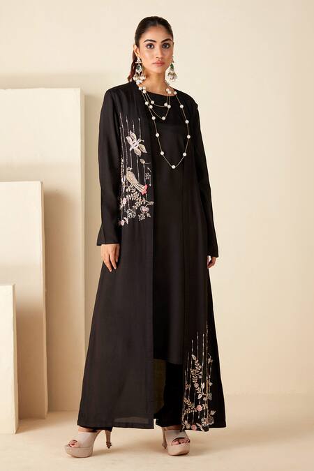 Suruchi Parakh_Black Crepe, Silk Embroidery Round Neck Floral And Bird Motif Jacket Tunic Set _Online_at_Aza_Fashions