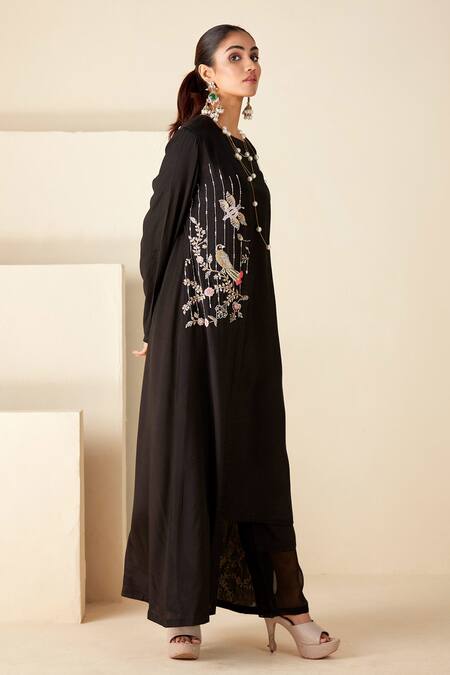 Buy_Suruchi Parakh_Black Crepe, Silk Embroidery Round Neck Floral And Bird Motif Jacket Tunic Set _Online_at_Aza_Fashions