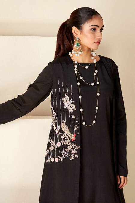 Shop_Suruchi Parakh_Black Crepe, Silk Embroidery Round Neck Floral And Bird Motif Jacket Tunic Set _Online_at_Aza_Fashions