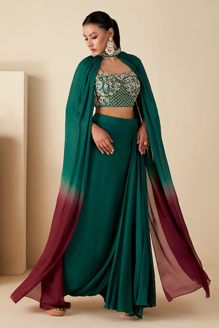 Suruchi Parakh_Green Georgette Embroidery Sweetheart Neckline Collar Cape Draped Skirt Set _Online_at_Aza_Fashions