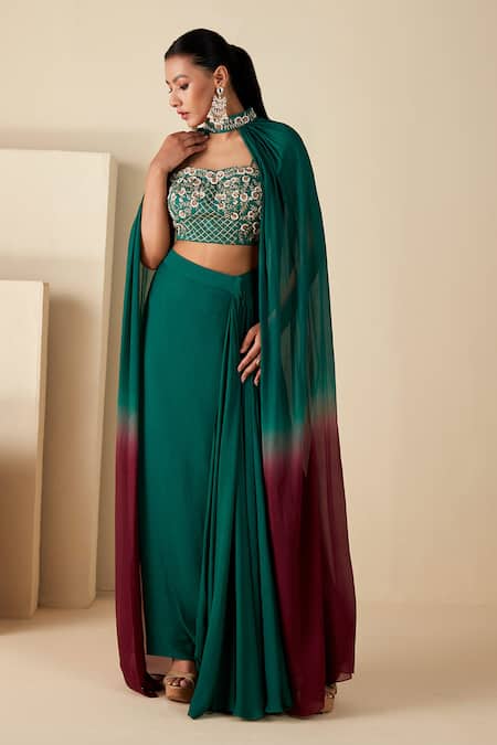 Buy_Suruchi Parakh_Green Georgette Embroidery Sweetheart Neckline Collar Cape Draped Skirt Set _Online_at_Aza_Fashions