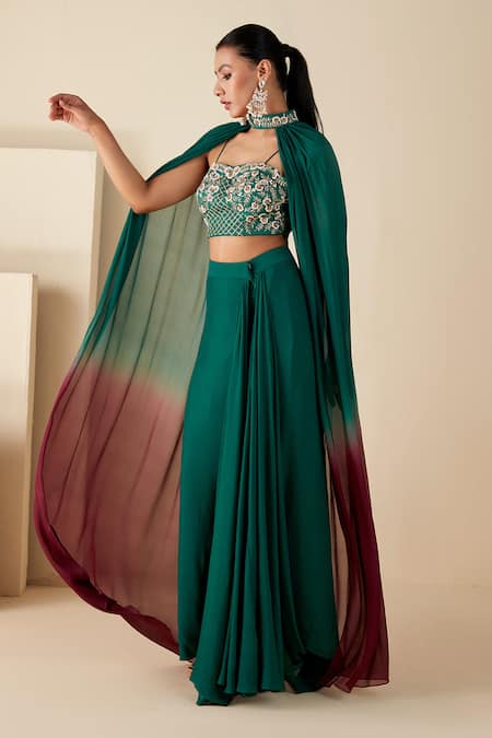 Shop_Suruchi Parakh_Green Georgette Embroidery Sweetheart Neckline Collar Cape Draped Skirt Set _Online_at_Aza_Fashions