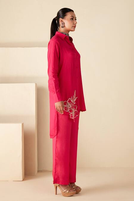 Buy_Suruchi Parakh_Pink Crepe, Silk Embroidery Collared High Low Tunic Pant Set _Online_at_Aza_Fashions