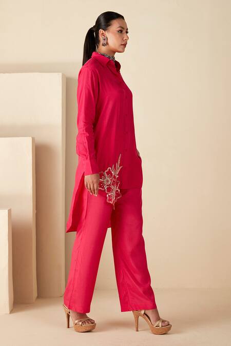 Shop_Suruchi Parakh_Pink Crepe, Silk Embroidery Collared High Low Tunic Pant Set _Online_at_Aza_Fashions