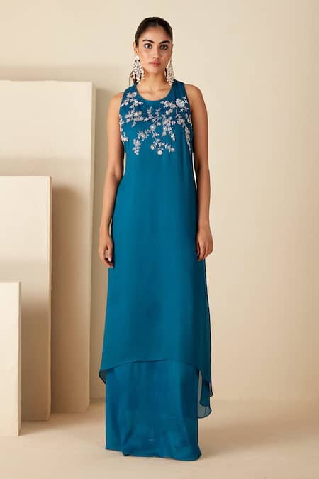 Suruchi Parakh Blue Crepe Silk Embroidered Floral Round Double Layered Maxi Dress