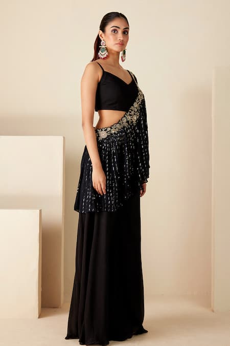 Suruchi Parakh Black Georgette Embroidery, Floral Cutwork One-sided Cape Flared Pant Set Online at Aza Fashions Suruchi Parakh_Black Georgette Embroidery, Floral Cutwork One-sided Cape Flared Pant Set _Online_at_Aza_Fashions