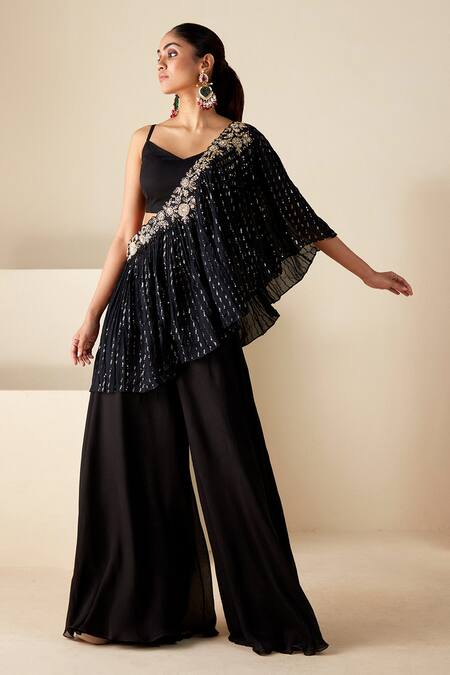 Buy Suruchi Parakh Black Georgette Embroidery, Floral Cutwork One-sided Cape Flared Pant Set Online at Aza Fashions Buy_Suruchi Parakh_Black Georgette Embroidery, Floral Cutwork One-sided Cape Flared Pant Set _Online_at_Aza_Fashions