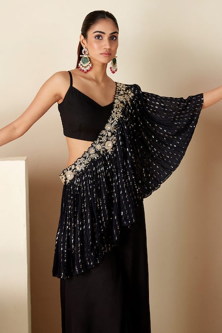 Shop Suruchi Parakh Black Georgette Embroidery, Floral Cutwork One-sided Cape Flared Pant Set Online at Aza Fashions Shop_Suruchi Parakh_Black Georgette Embroidery, Floral Cutwork One-sided Cape Flared Pant Set _Online_at_Aza_Fashions