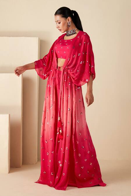 Suruchi Parakh_Pink Chiffon, Georgette Beads Round Embellished Kaftan Jacket Flared Pant Set _Online_at_Aza_Fashions