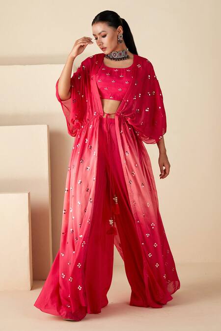 Buy_Suruchi Parakh_Pink Chiffon, Georgette Beads Round Embellished Kaftan Jacket Flared Pant Set _Online_at_Aza_Fashions