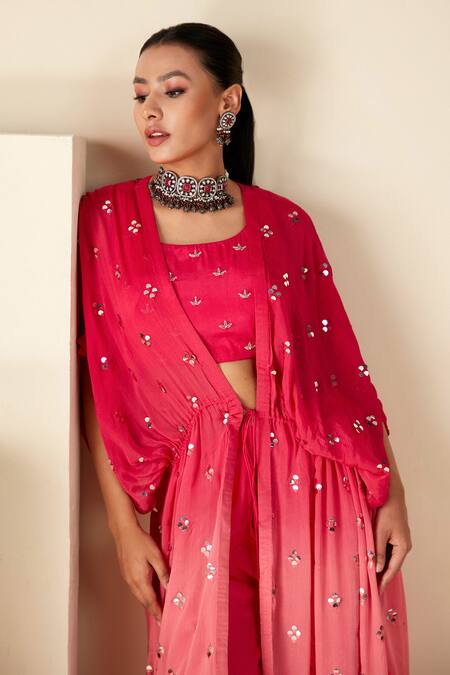 Shop_Suruchi Parakh_Pink Chiffon, Georgette Beads Round Embellished Kaftan Jacket Flared Pant Set _Online_at_Aza_Fashions