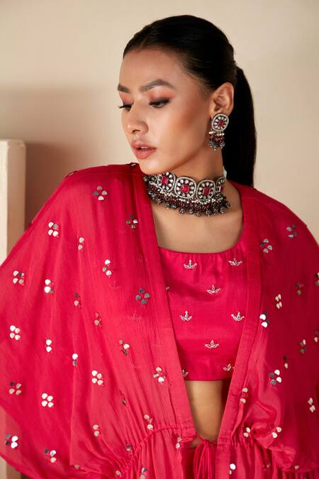 Suruchi Parakh_Pink Chiffon, Georgette Beads Round Embellished Kaftan Jacket Flared Pant Set _at_Aza_Fashions