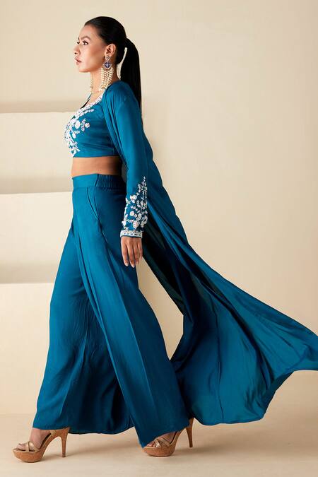 Suruchi Parakh_Blue Crepe, Silk Beads, Sequins, Embroidery Round Neck Floral Jacket Pant Set _Online_at_Aza_Fashions